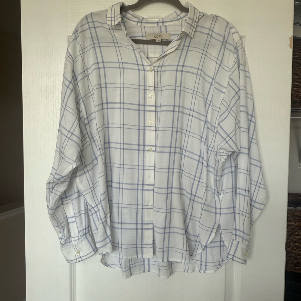 LOFT White and Blue Plaid Shirt